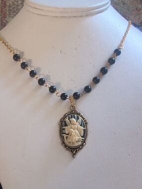 Gold-Tone Black Beaded Cameo Pendant Necklace